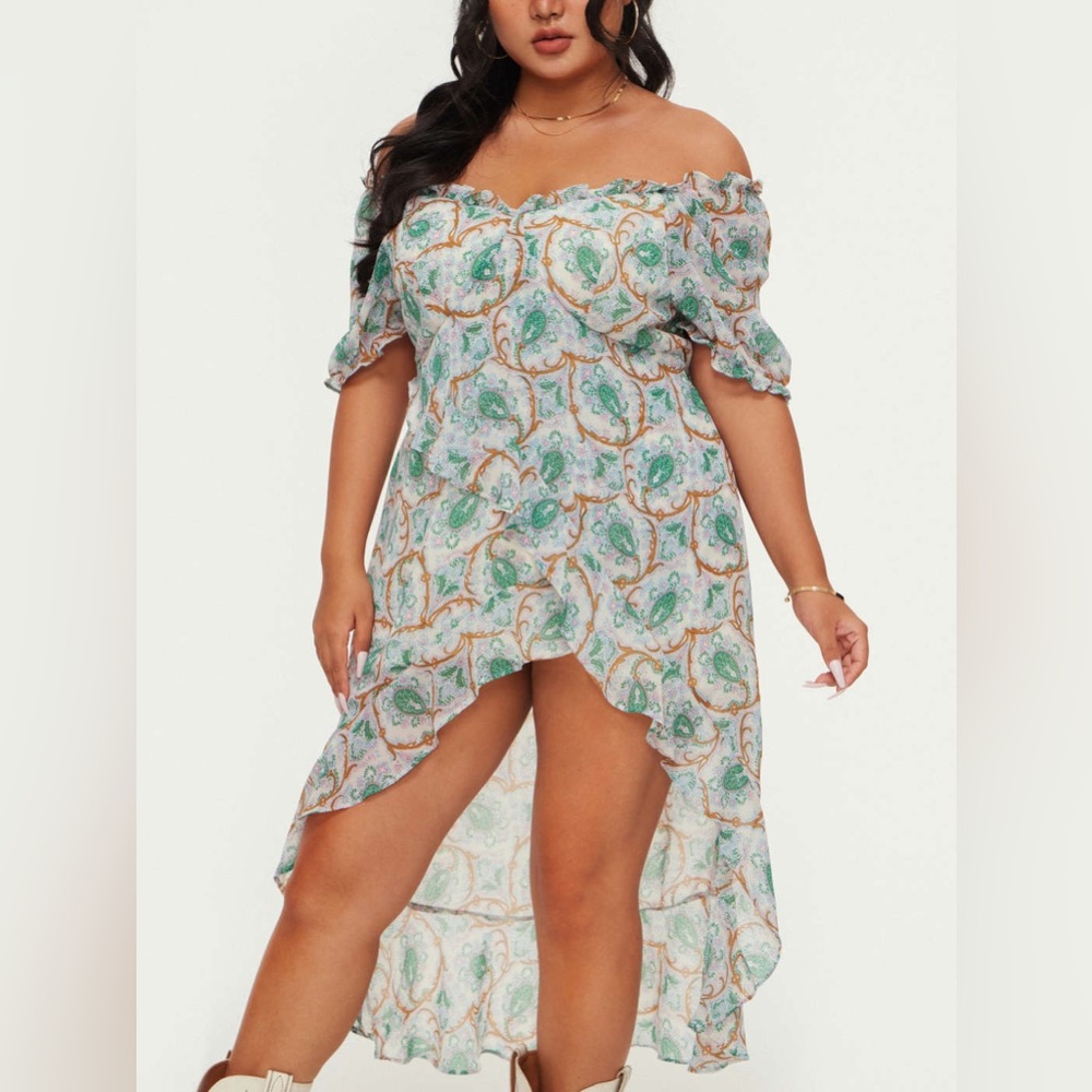 CM NWT Cider Plus 3X Boho Paisley High Low V-Neck Short Sleeve Green Pink Dress - Picture 2 of 7